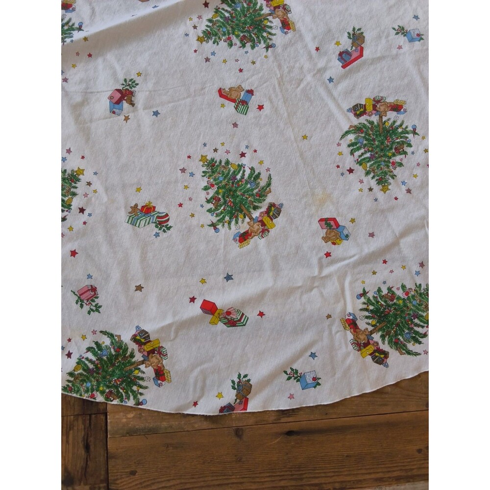 Vintage Christmas Tablecloth Bear Train Stars Doll Toys Tree Round 70" Diameter